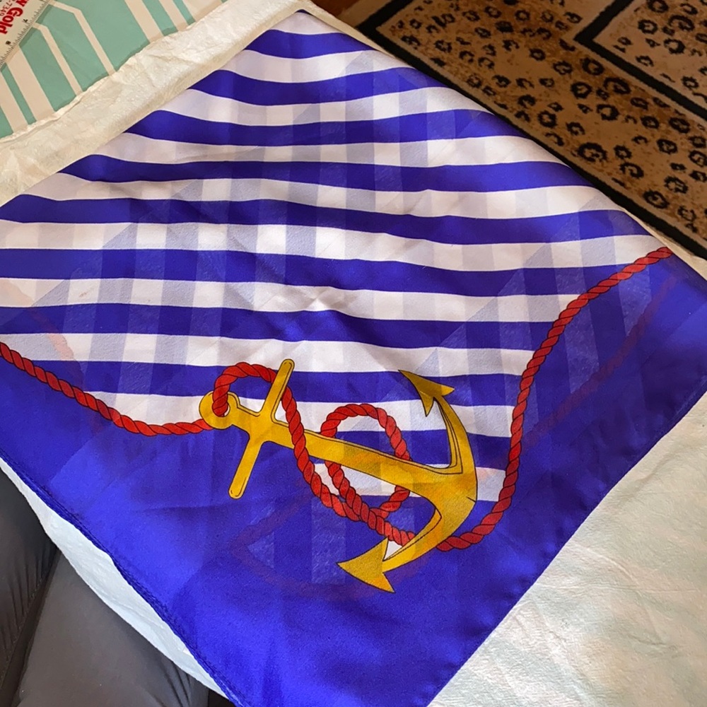 Women’s Made in Italy square blue, red & gold anchor themed scarf 32” x 32”